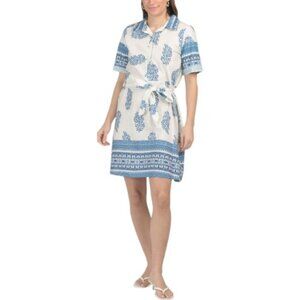 LUISA PERLA Made In Italy Linen Blend Short Sleeve Floral Mini Shirt Dress